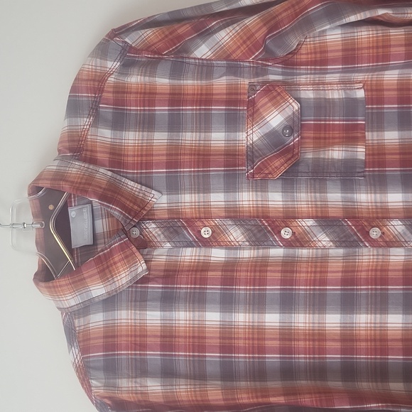 JEANSWEST Orange Red Gray Plaid Pearl Snap Pocket Roll-Tab Western Shirt - Picture 2 of 15
